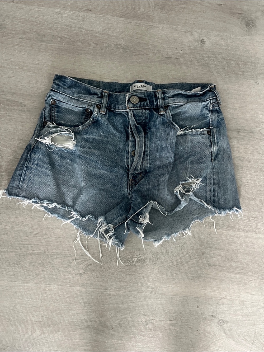 Moussy Frayed Distressed Denim Shorts in Blue
